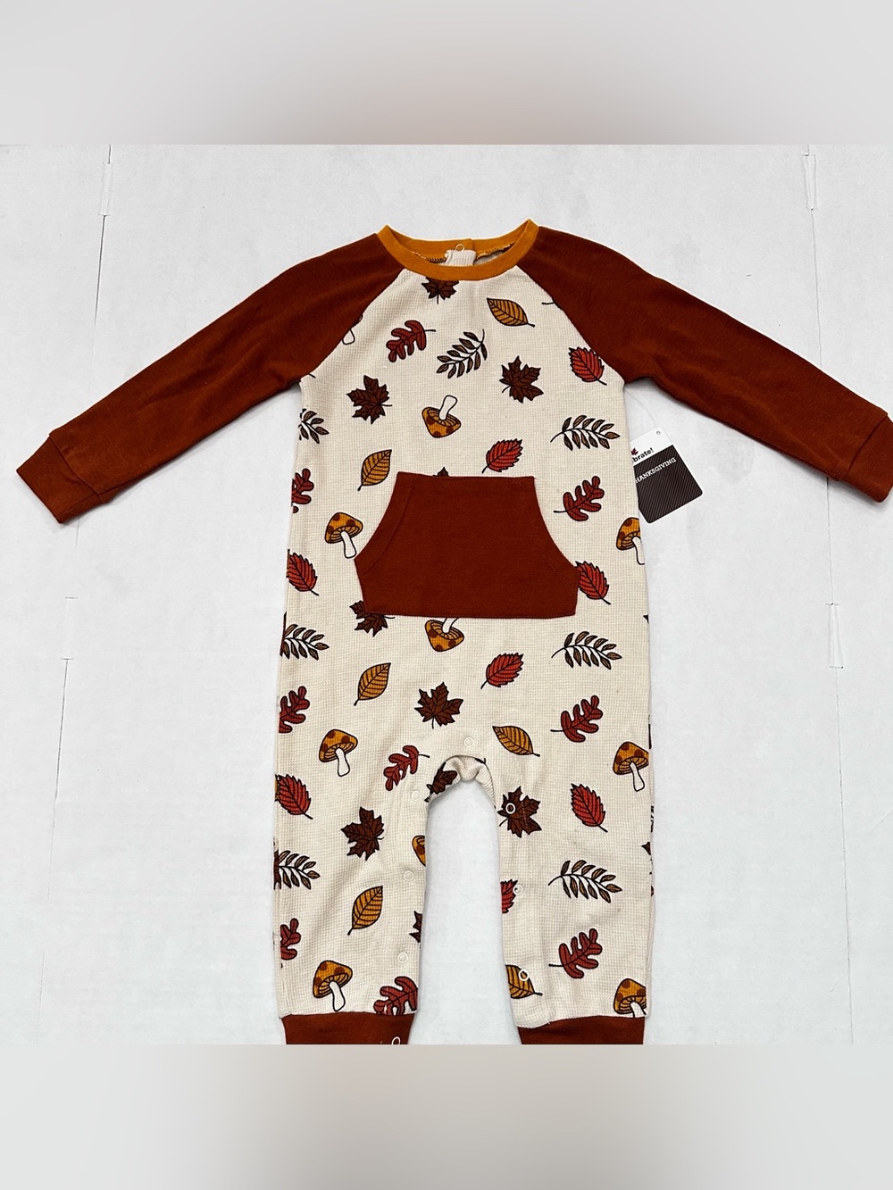 Baby Thanksgiving Fall Leaf Mushroom Long Sleeve Romper Size 12 Months